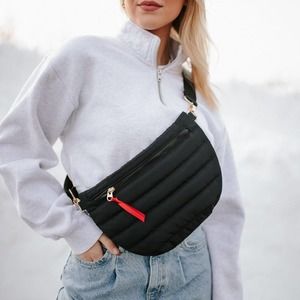 Black Quilted Puffer Sling Belt Crossbody Bag